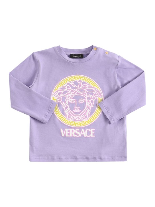 Versace: T-shirt en jersey de coton imprimé Medusa - Violet - kids-girls_0 | Luisa Via Roma