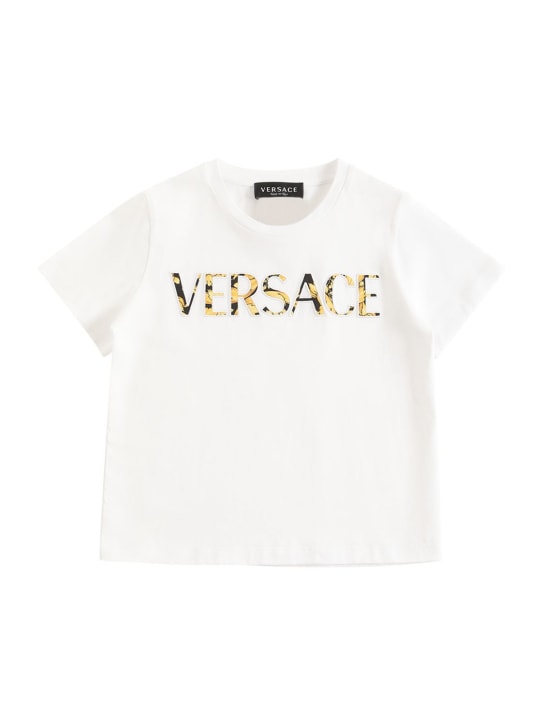 Versace: Logo embroidered cotton jersey t-shirt - White - kids-girls_0 | Luisa Via Roma