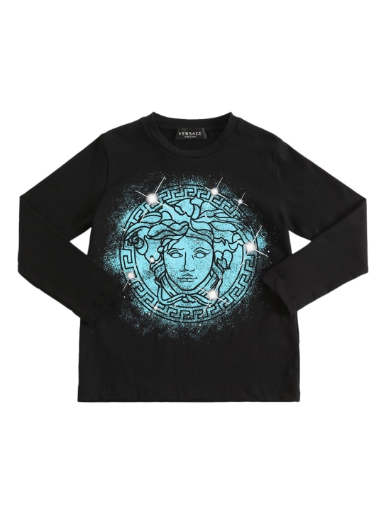 Versace: T-shirt en jersey de coton à imprimé logo - Noir - kids-girls_0 | Luisa Via Roma