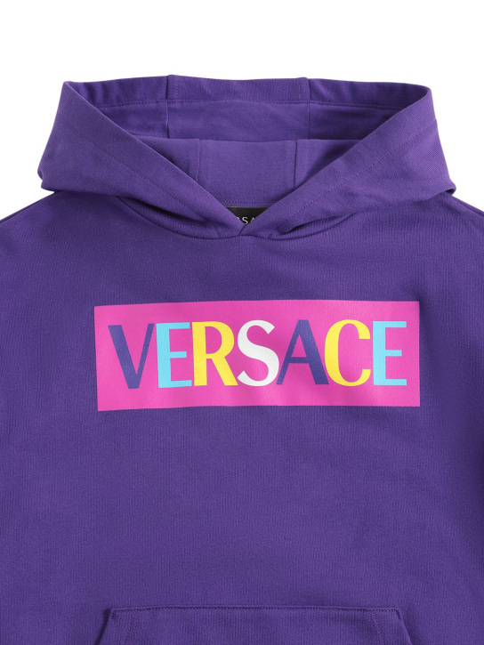 Versace: Sweat-shirt en coton imprimé logo à capuche - Violet - kids-girls_1 | Luisa Via Roma