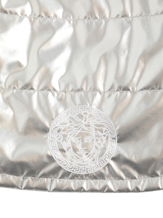 Versace: Logo embroidered nylon puffer jacket - Silver - kids-girls_1 | Luisa Via Roma