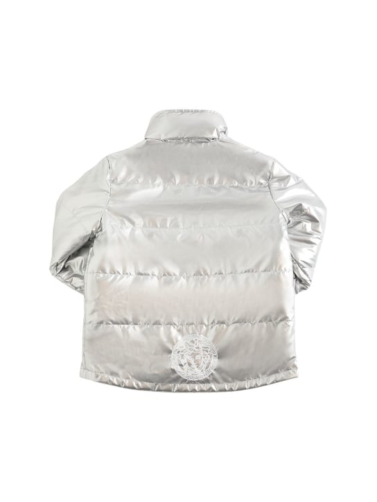 Versace: Logo embroidered nylon puffer jacket - Silver - kids-girls_0 | Luisa Via Roma