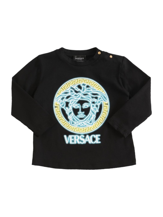 Versace: T-shirt en jersey de coton imprimé Medusa - Noir - kids-boys_0 | Luisa Via Roma