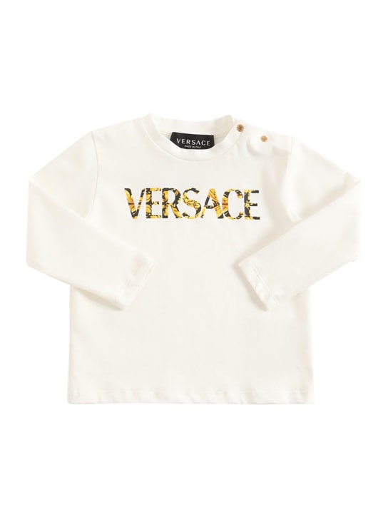 Versace: T-shirt en jersey de coton à imprimé logo - Blanc - kids-girls_0 | Luisa Via Roma
