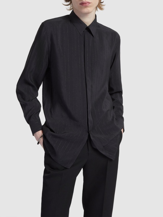 Saint Laurent: Striped silk blend shirt - Shiny Black - men_1 | Luisa Via Roma