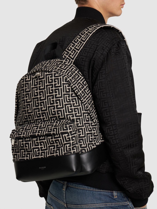 Balmain: Monogram jacquard backpack - Black/Beige - men_1 | Luisa Via Roma