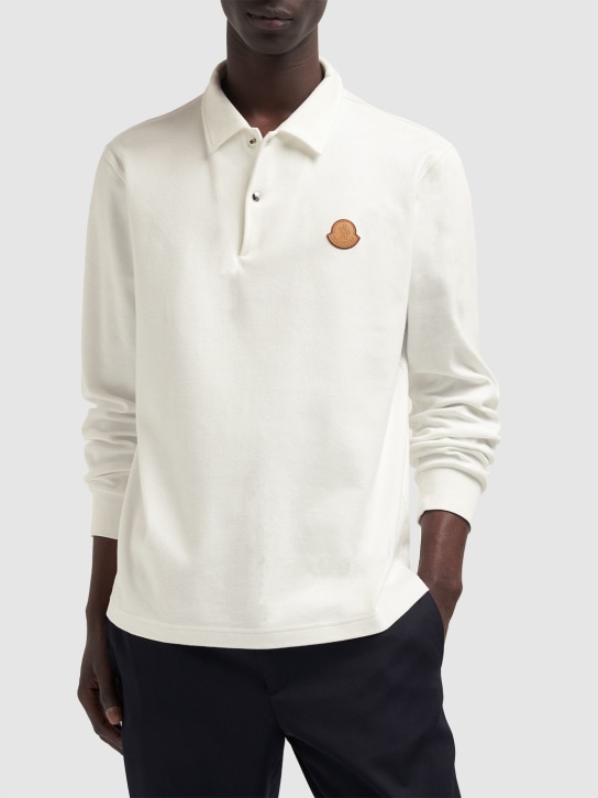 Moncler: Logo cotton long sleeve polo shirt - Silk White - men_1 | Luisa Via Roma