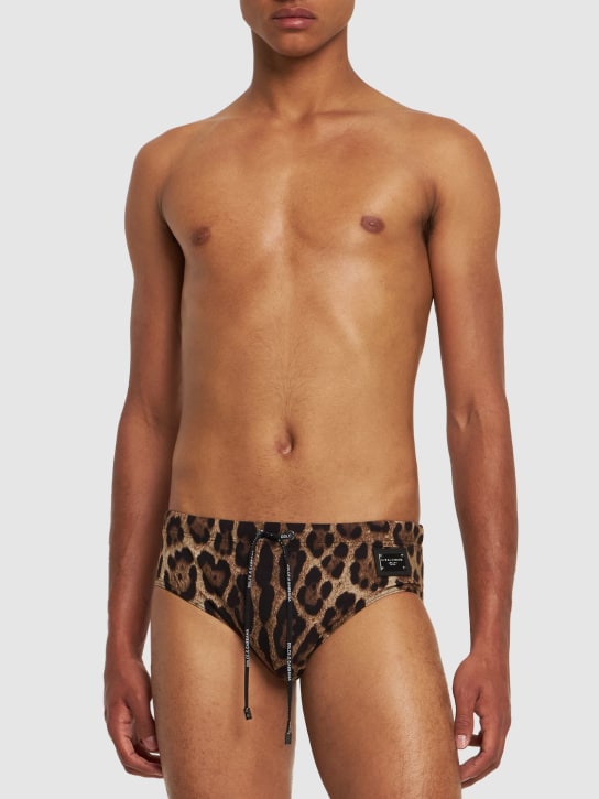 Dolce&Gabbana: Animalier logo plaque swim briefs - Leopard - men_1 | Luisa Via Roma