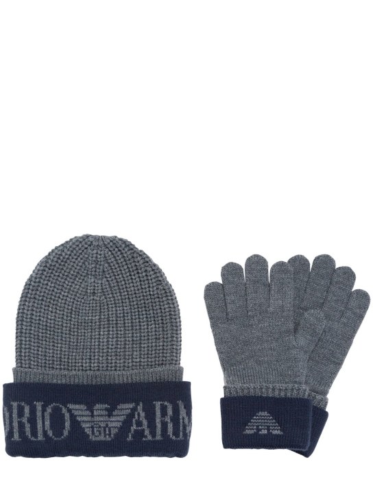 Emporio Armani: Wool blend knit beanie & gloves - Grey - kids-boys_0 | Luisa Via Roma