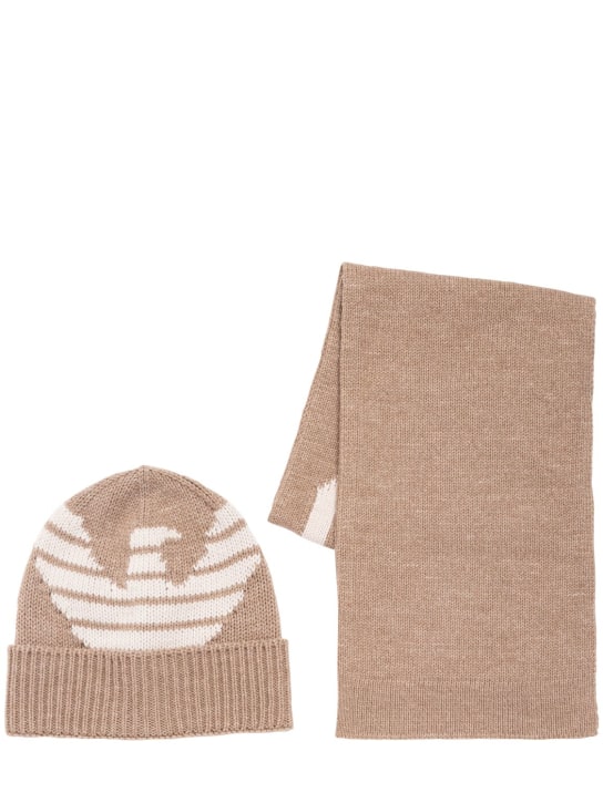 Emporio Armani: Wool blend knit scarf & beanie w/logo - Beige - kids-boys_0 | Luisa Via Roma