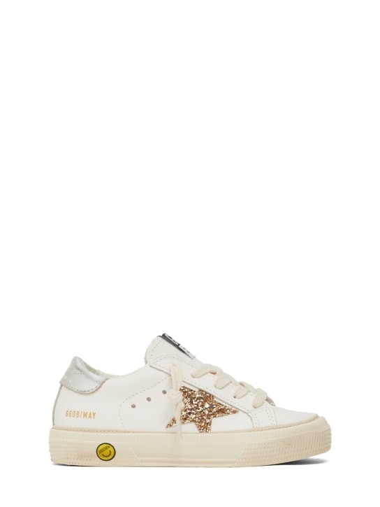 Golden Goose: May leather lace-up sneakers - White/Gold - kids-girls_0 | Luisa Via Roma