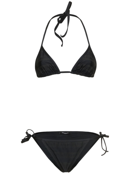 Balmain: Striped tone-on-tone triangle bikini - Black - women_0 | Luisa Via Roma