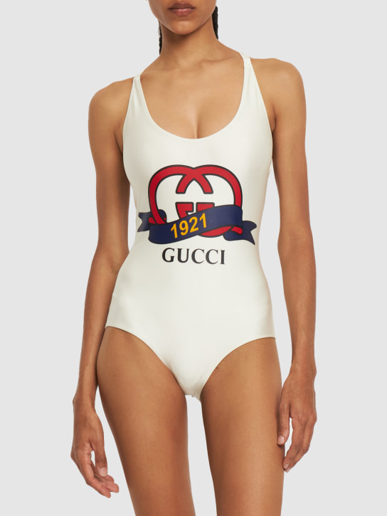 Gucci: Logo亮面弹力平纹针织泳衣 - 象牙色 - women_1 | Luisa Via Roma