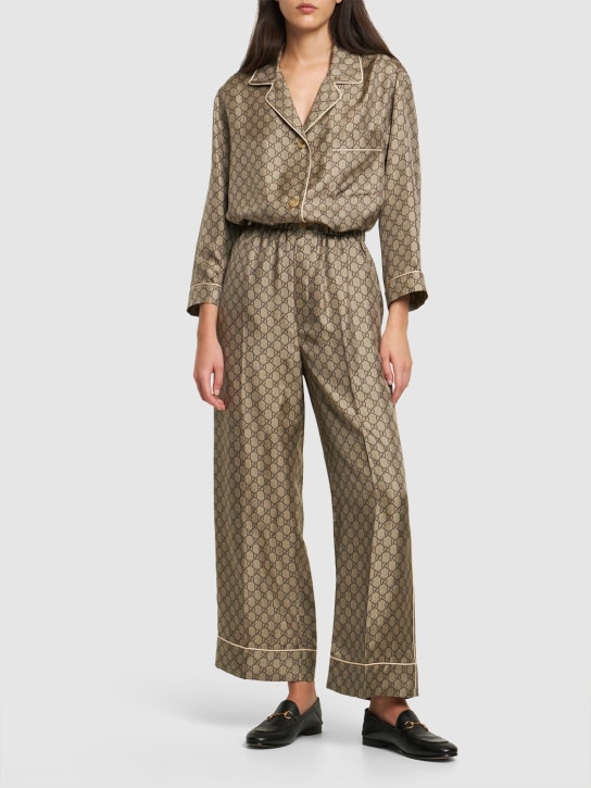 Gucci: GG Supreme printed silk twill wide pants - Ebony - women_1 | Luisa Via Roma