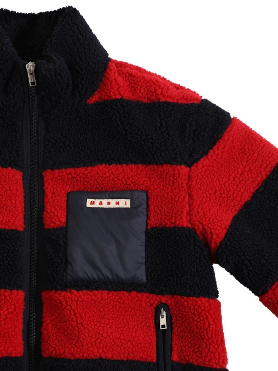 Marni Junior: Veste en teddy à rayures avec patch logo - Noir/Rouge - kids-boys_1 | Luisa Via Roma