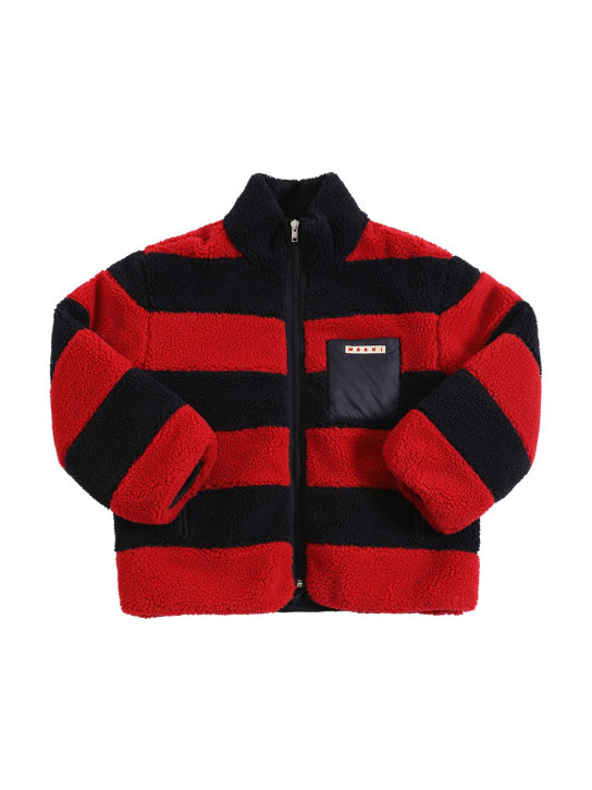 Marni Junior: Striped teddy jacket w/logo patch - Black/Red - kids-boys_0 | Luisa Via Roma