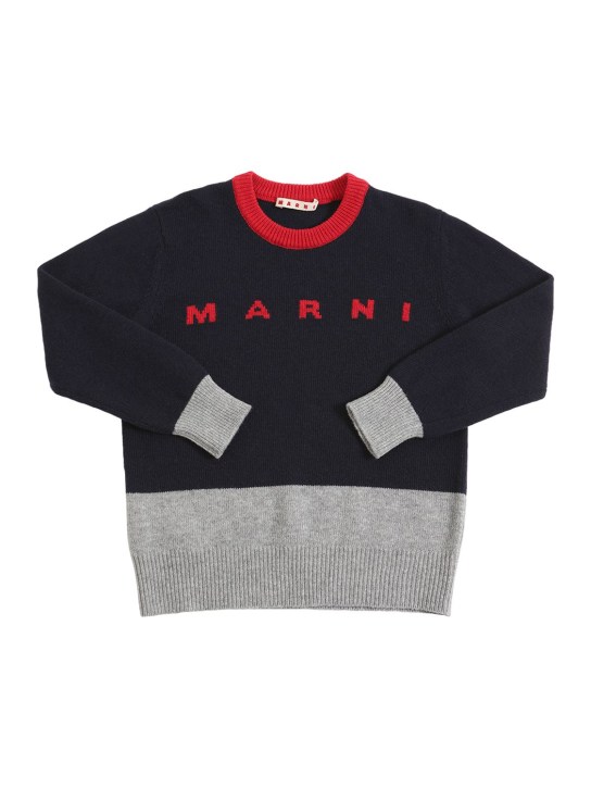Marni Junior: Pull-over en laine mélangée color-block à logo - Noir/Gris - kids-boys_0 | Luisa Via Roma