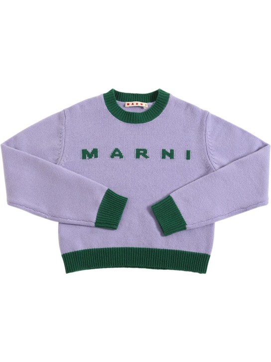 Marni Junior: Pull-over en cachemire et laine intarsia à logo - Violet/Vert - kids-girls_0 | Luisa Via Roma