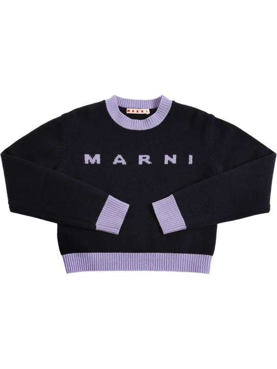 Marni Junior: Pull-over en cachemire et laine intarsia à logo - Noir/Violet - kids-girls_0 | Luisa Via Roma