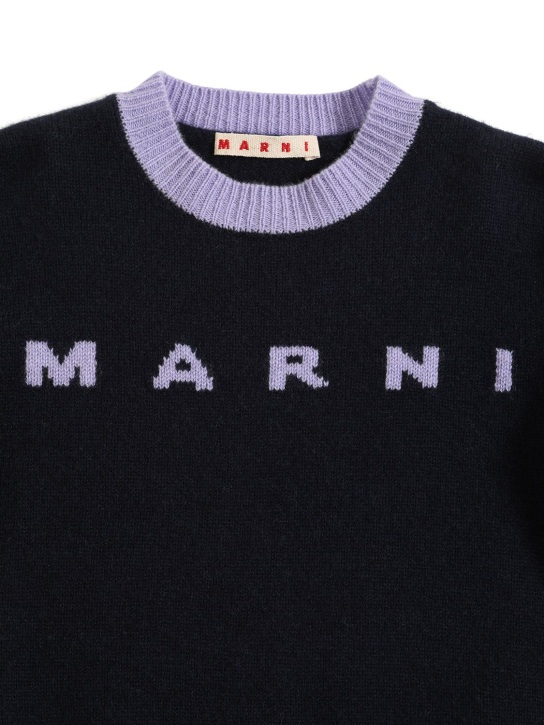 Marni Junior: Pull-over en cachemire et laine intarsia à logo - Noir/Violet - kids-girls_1 | Luisa Via Roma