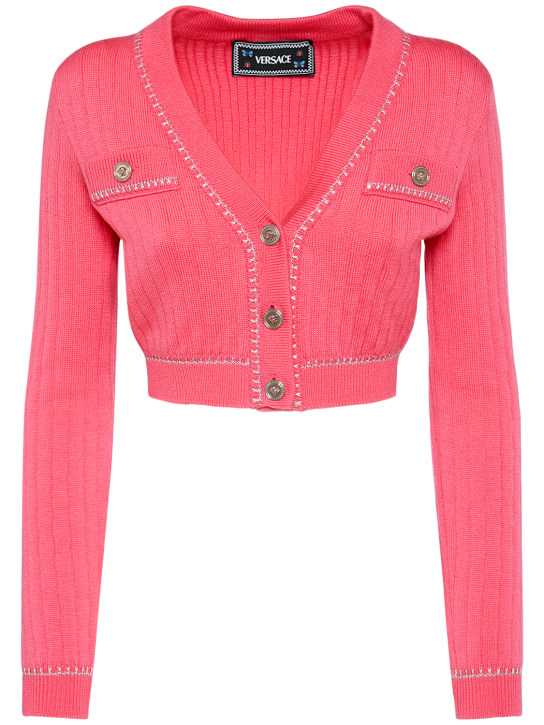 Versace: Rib knit V-neck cropped wool cardigan - Pink - women_0 | Luisa Via Roma