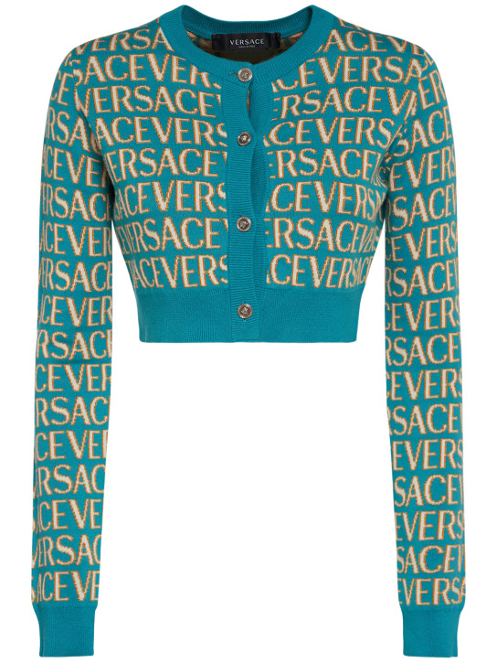 Versace: Cardigan cropped in maglia con logo jacquard - Multicolore - women_0 | Luisa Via Roma