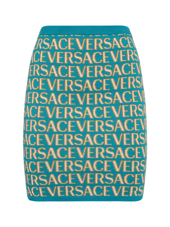 Versace: Jupe courte en maille jacquard à logo taille haute - Multicolore - women_0 | Luisa Via Roma