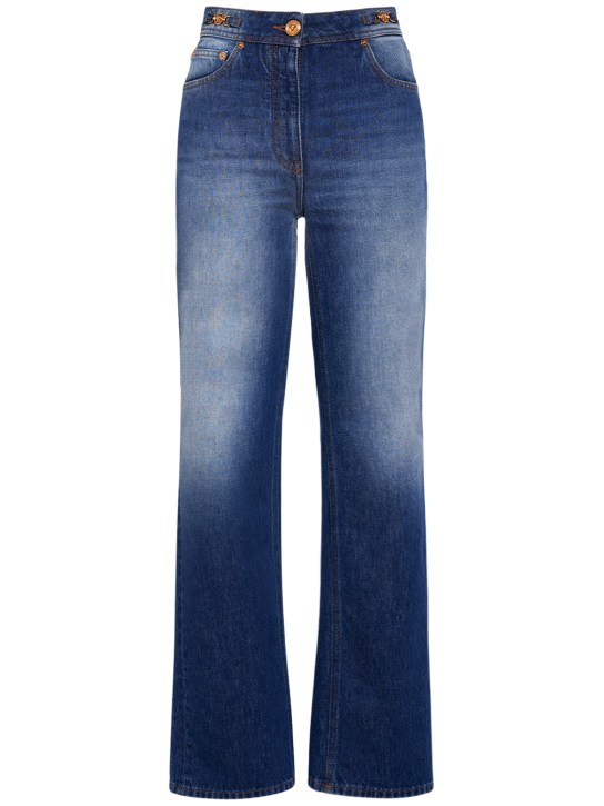 Versace: Jeans dritti vita media in denim di cotone - Blu - women_0 | Luisa Via Roma