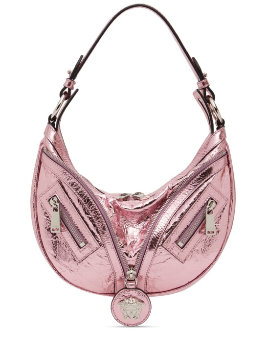 Versace: Borsa hobo piccola Repeat in pelle metallizzata - Rosa Baby - women_0 | Luisa Via Roma