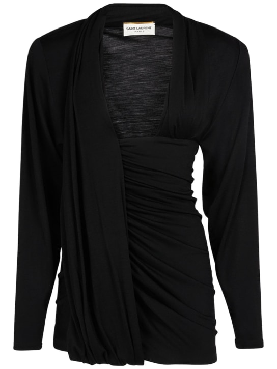 Saint Laurent: Vestido asimétrico de lana con manga larga - Negro - women_0 | Luisa Via Roma