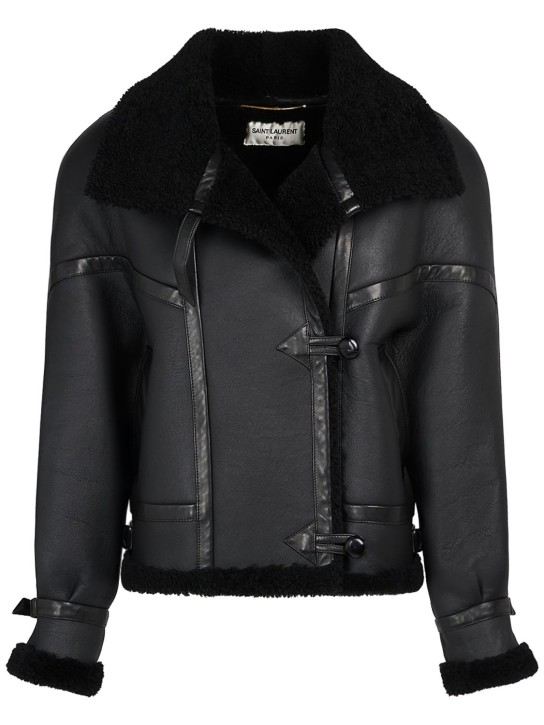 Saint Laurent: Leather shearling jacket - Black - women_0 | Luisa Via Roma