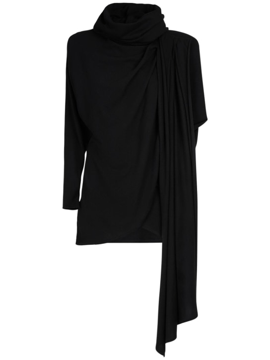 Saint Laurent: Vestido drapeado de lana con cuello alto - Negro - women_0 | Luisa Via Roma