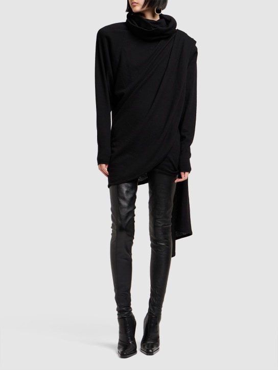Saint Laurent: Vestido drapeado de lana con cuello alto - Negro - women_1 | Luisa Via Roma