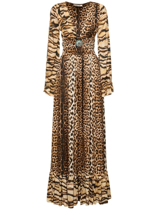 Roberto Cavalli: Jaguar print satin long dress - Multicolor - women_0 | Luisa Via Roma