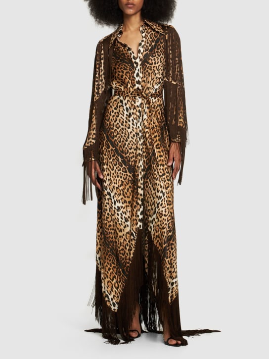 Roberto Cavalli: Robe longue en satin imprimé jaguar à franges - Multicolore - women_1 | Luisa Via Roma