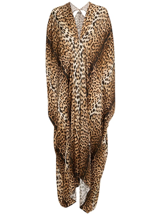 Roberto Cavalli: Jaguar print satin kaftan dress - women_0 | Luisa Via Roma