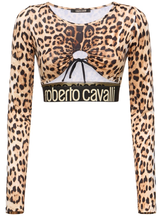 Roberto Cavalli: 재규어 프린트 긴팔 크롭 탑 - women_0 | Luisa Via Roma