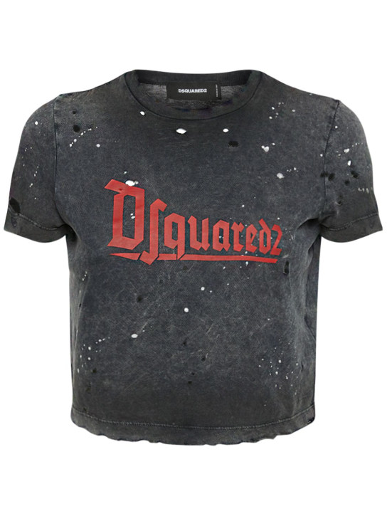 Dsquared2: T-shirt cropped in jersey di cotone con logo - women_0 | Luisa Via Roma