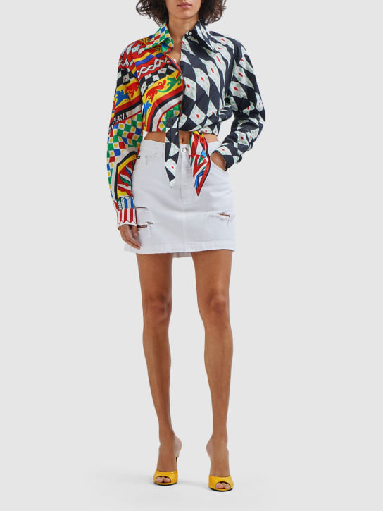 Dolce&Gabbana: Carretto print cotton crop shirt w/knot - Multicolor - women_1 | Luisa Via Roma