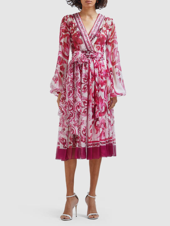 Dolce&Gabbana: Maiolica print silk chiffon wrap dress - Multicolor - women_1 | Luisa Via Roma
