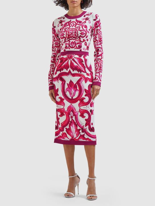 Dolce&Gabbana: Maiolica print silk midi dress - Multicolor - women_1 | Luisa Via Roma