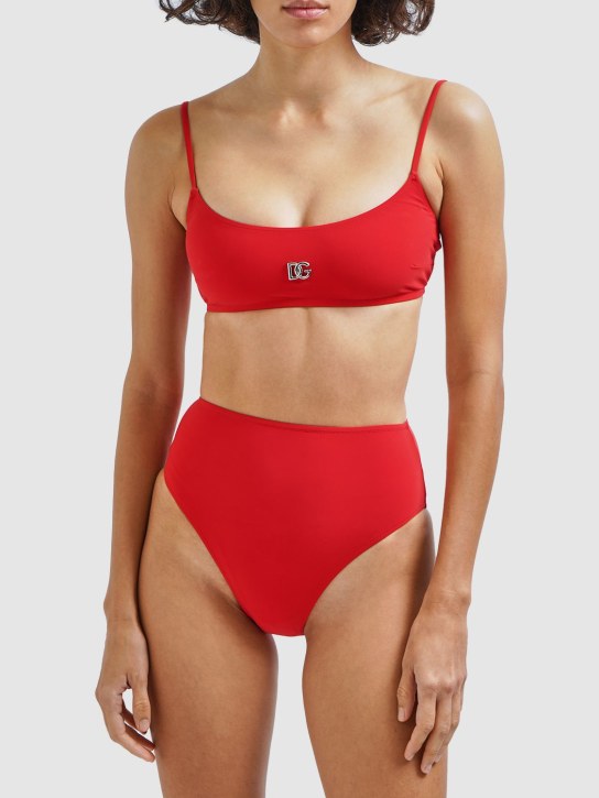 Dolce&Gabbana: Set bikini in jersey con logo - Rosso - women_1 | Luisa Via Roma
