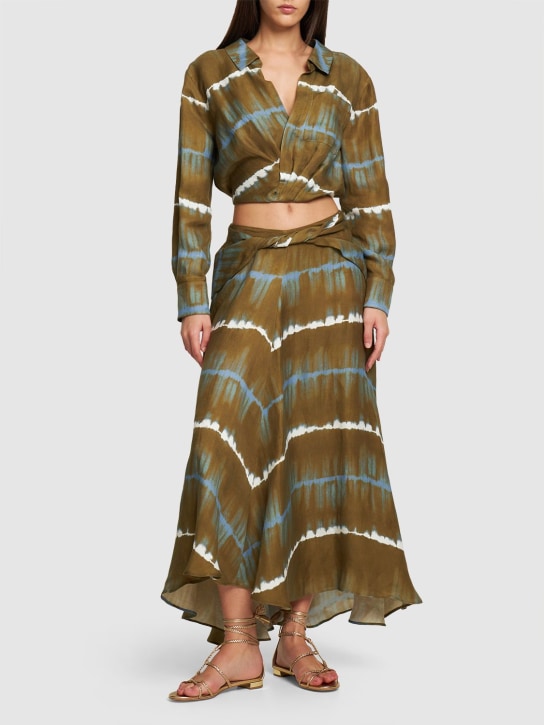 ALTUZARRA: Camicia cropped Rhodes in lino stampato - Verde - women_1 | Luisa Via Roma