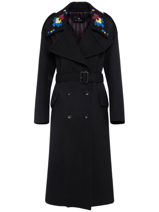Etro: Embroidered wool long coat w/belt - Black - women_0 | Luisa Via Roma