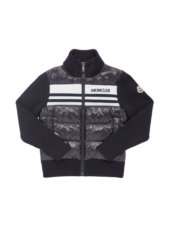 Moncler: Fine wool tricot & nylon down jacket - Dark Blue - kids-boys_0 | Luisa Via Roma