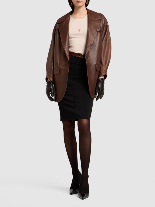 Saint Laurent: Leather & cashmere short gloves - Black - women_1 | Luisa Via Roma