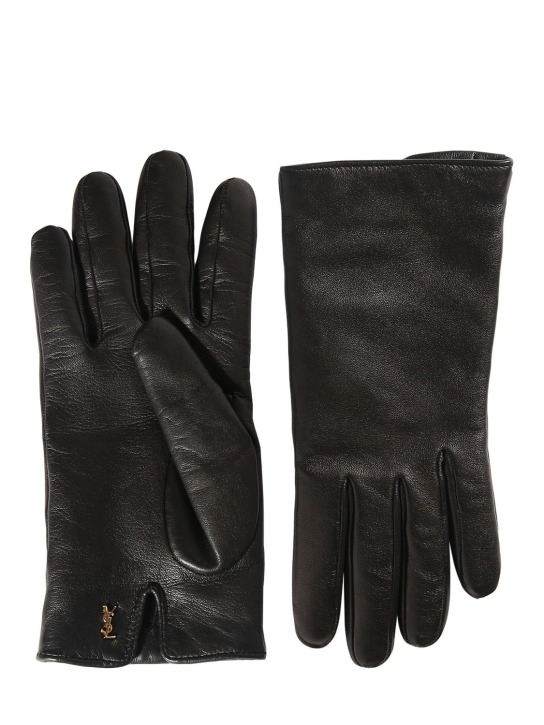 Saint Laurent: Leather & cashmere short gloves - Black - women_0 | Luisa Via Roma