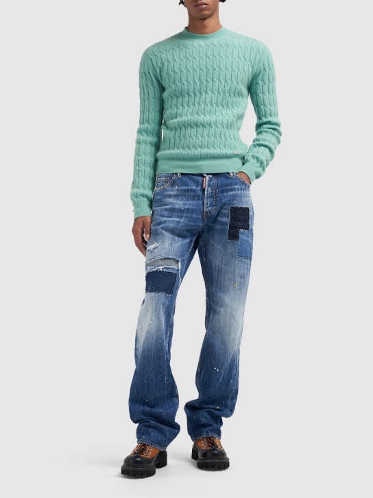 Dsquared2: Cable knit mohair blend sweater - Foggy Sky Green - men_1 | Luisa Via Roma