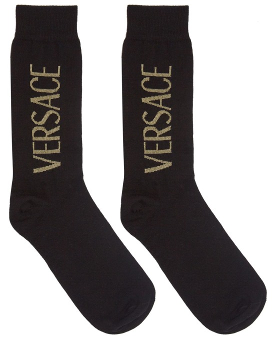 Versace: Calzini in misto cotone con logo - Nero/Oro - men_0 | Luisa Via Roma