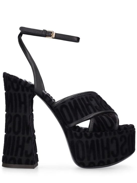 Moschino: Sandales compensées en velours à logo 140 mm - Noir - women_0 | Luisa Via Roma